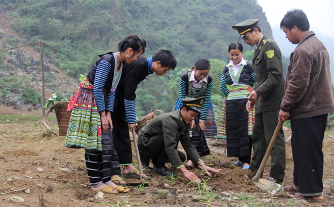 Cán bộ kiểm lâm huyện Văn Chấn hướng dẫn người dân vùng cao kỹ thuật trồng rừng.