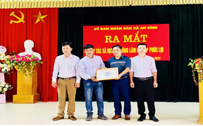 Ông Phạm Ngọc Hữu- Phó Chủ tịch Liên minh HTX tỉnh trao Giấy chứng nhận thành viên Liên minh HTX Việt Nam tỉnh Yên Bái cho HTX Dịch vụ nông lâm nghiệp Phúc Lợi.
