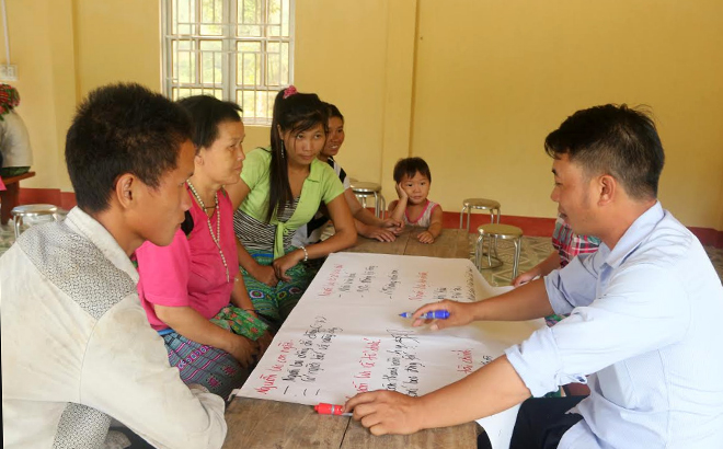 Người dân thôn Khe Tiến, xã Hồng Ca, huyện Trấn Yên tham gia bàn bạc khi thực hiện các tiểu dự án.