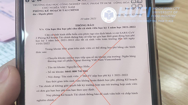 Trường ĐH Công nghiệp Thực phẩm TP HCM cảnh báo tình trạng giả mạo lừa tiền học phí sinh viên (Ảnh: Chụp lại màn hình).