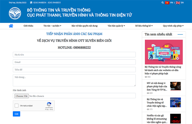 Giao diện cổng tiếp nhận thông tin phản ánh các sai phạm về dịch vụ truyền hình OTT xuyên biên giới.