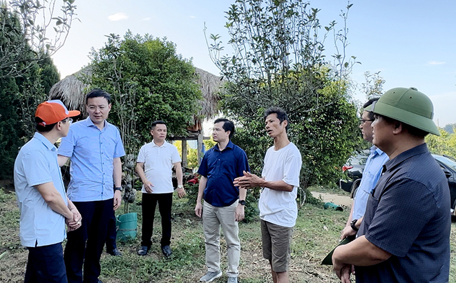 Đồng chí An Hoàng Linh - Bí thư Huyện ủy (người thứ 2 từ trái sang) khảo sát quy hoạch phát triển du lịch cộng đồng tại thôn Đồng Tý, xã Phúc An.
