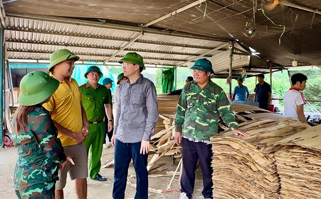 Đồng chí An Hoàng Linh - Bí thư Huyện ủy Yên Bình (thứ 2 bên phải) kiểm tra thực tế để tháo gỡ khó khăn cho các doanh nghiệp sản xuất gỗ tại xã Vĩnh Kiên.