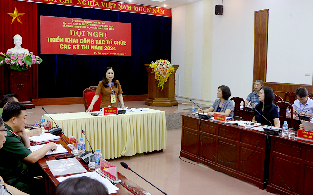 Đồng chí Vũ Thị Hiền Hạnh - Phó Chủ tịch UBND tỉnh, Trưởng Ban Chỉ đạo  các kỳ thi tỉnh Yên Bái phát biểu chỉ đạo tại Hội nghị triển khai công tác tổ chức các kỳ thi năm 2024 ngày 17/5 vừa qua.