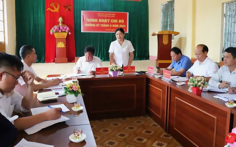 Trưởng Ban Dân vận Tỉnh ủy Hoàng Thị Vĩnh phát biểu tại buổi sinh hoạt chi bộ.