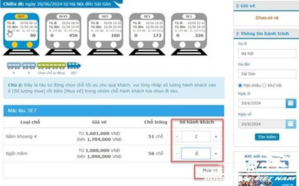 Cách mua vé tự động xếp chỗ trên các đoàn tàu HP1, HP2, SPT1, SPT2.