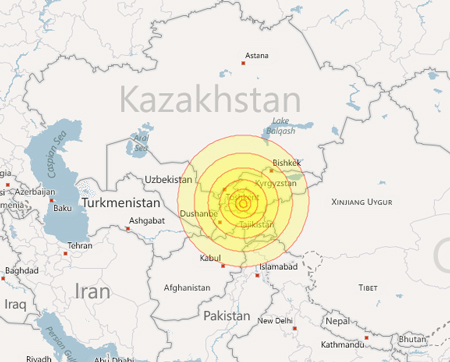 Bản đồ khu vực xảy ra trận động đất 6,2 độ Richter ở Trung Á.