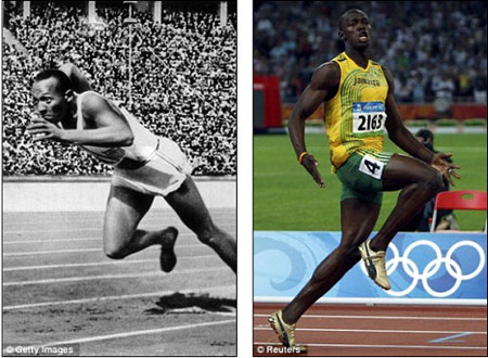 Từ nhà vô địch Olympic 1936 Jesse Owens đến chủ nhân tấm HCV Olympic 2008 Usain Bolt (phải) là cả một khoảng cách xa về thành tích.