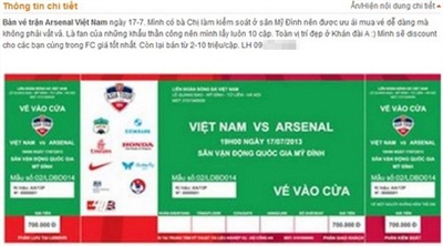 Vé trận Việt Nam - Arsenal được rao bán trên mạng