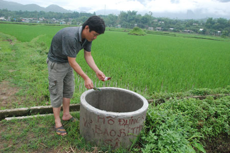 Một người dân Thanh Lương bỏ vỏ bao bì sau khi phun thuốc vào 