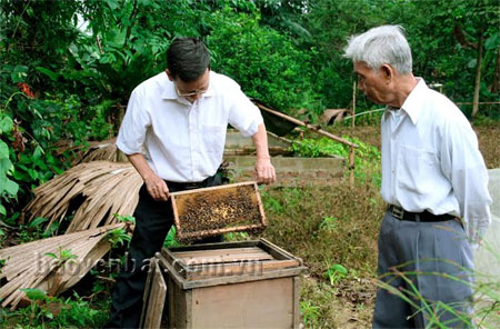 Ông Nguyễn Xuân Tiếp (bên trái) với mô hình nuôi ong cho thu nhập 20 triệu đồng mỗi năm.

