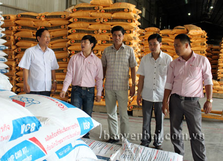 Lãnh đạo Đảng ủy Khối doanh nghiệp tỉnh trao đổi với nhân viên bán hàng Công ty cổ phần Dinh dưỡng Việt Tín Yên Bái.
