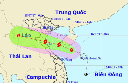 Vị trí và hướng di chuyển của bão số 2