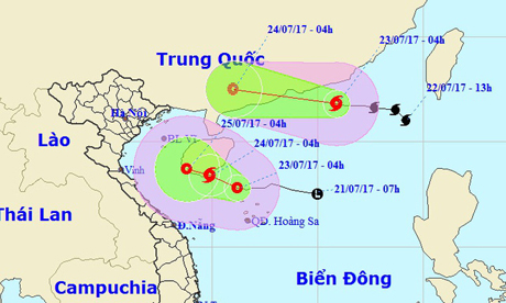 Vị trí và hướng di chuyển của bão số 3 (hình trên) và áp thấp nhiệt đới.