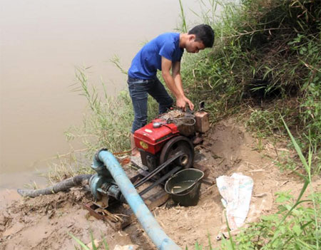 Cán bộ kỹ thuật Công ty TNHH Một thành viên Tân Phú bơm nước chống hạn.