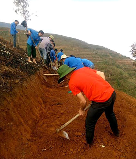 Thành viên CLB Doanh nghiệp trẻ xã Lao Chải tham gia công trình thanh niên khai hoang ruộng bậc thang của Đoàn xã.