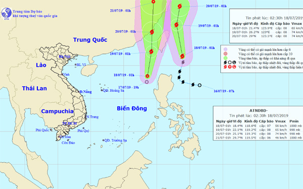 Đường đi của bão Danas và áp thấp nhiệt đới (Ảnh: Trung tâm Dự báo Khí tượng Thủy văn Quốc gia).
