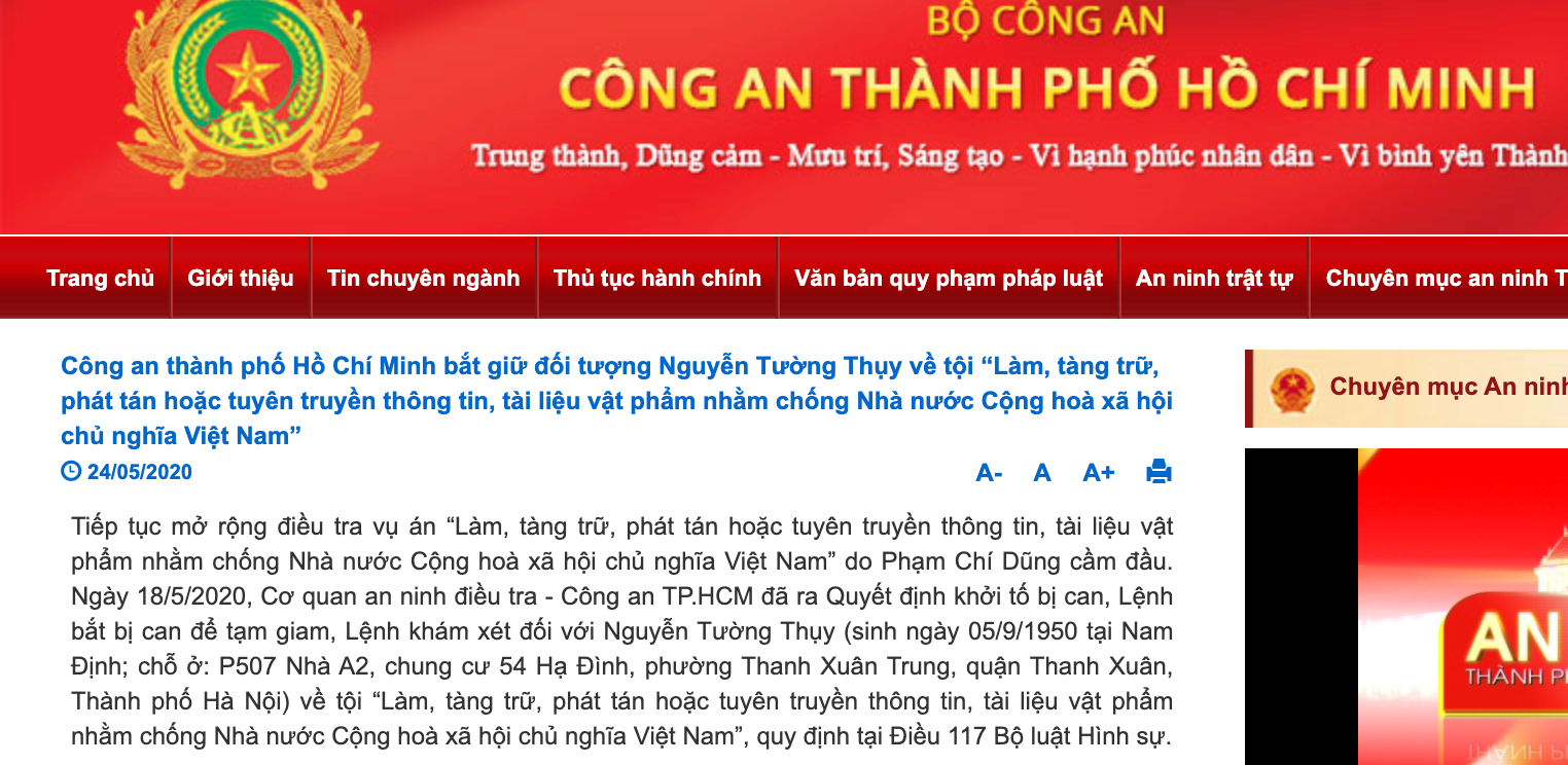 Công an TPHCM bắt giữ Nguyễn Tường Thuỵ. Ảnh chụp màn hình của Báo Lao động