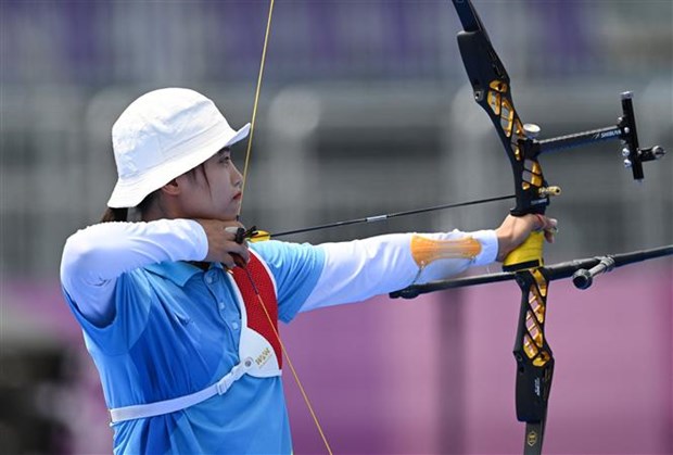 Cung thủ Đỗ Thị Ánh Nguyệt thi đấu tại Olympic Tokyo 2020, ngày 28/7/2021.