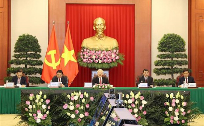General Secretary of the Communist Party of Vietnam Central Committee Nguyen Phu Trong (centre) speaks at the Communist Party of China and World Political Parties Summit on July 6.