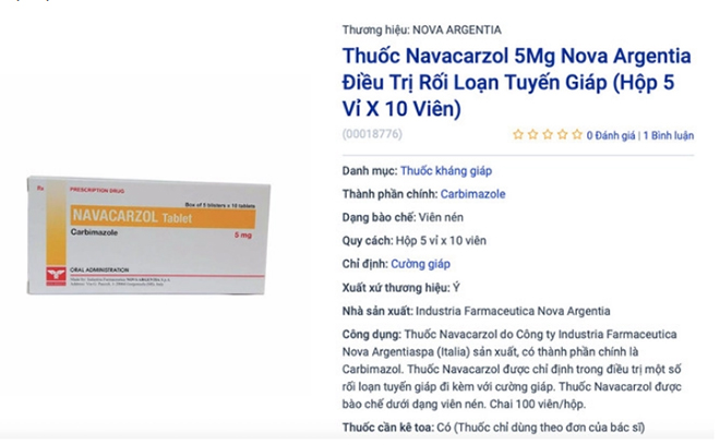 Theo thông tin trên một số website bán thuốc, thuốc Viên nén Navacarzol 5mg có tác dụng điều trị một số rối loạn tuyến giáp đi kèm với cường giáp. Thành phần chính là Carbimazole. Ảnh chụp màn hình