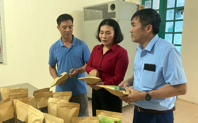 Giám đốc HTX Sản xuất, kinh doanh dịch vụ nông - lâm nghiệp Cường Vui giới thiệu sản phẩm chuối ngự sấy.
