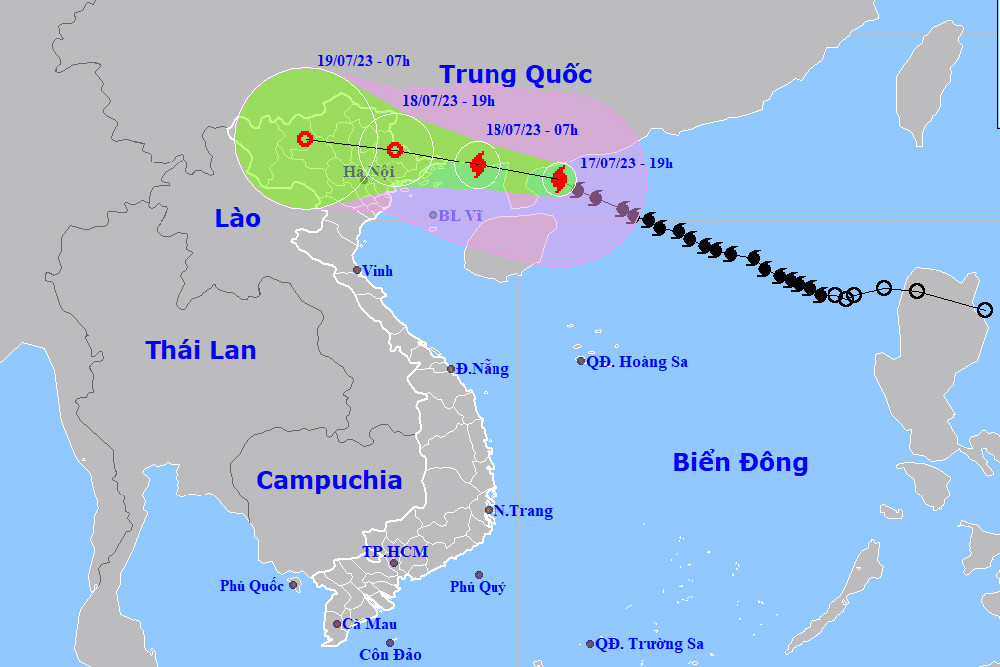 Đường đi của bão cập nhật 19h tối 17/7. Ảnh: NCHMF