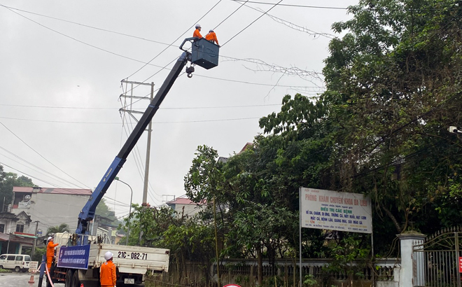 Cán bộ, công nhân ngành điện diễn tập thực hành xử lý, khắc phục sự cố về điện do mưa bão gây ra.