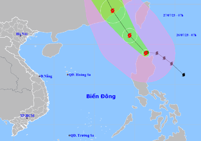 Vị trí và dự báo đường đi của bão Doksuri. Nguồn: Trung tâm Dự báo khí tượng thủy văn quốc gia