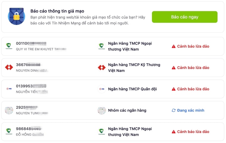 Giao diện tra cứu số tài khoản ngân hàng lừa đảo tại trang web Tín nhiệm mạng.