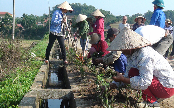 Người dân xã Việt Thành (Trấn Yên) tham gia tạo cảnh quan môi trường, góp công xây dựng huyện nông thôn mới.