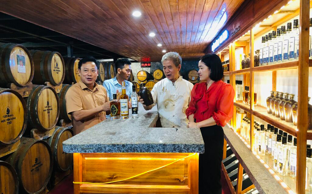 Lãnh đạo Liên minh Hợp tác xã tỉnh tham quan mô hình sản xuất kinh doanh của Hợp tác xã Rượu mộc Yên Hưng.