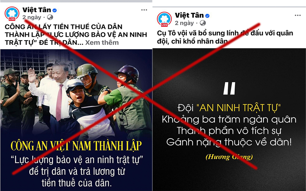 Hình ảnh Việt Tân đăng tin, bài, ảnh, clip xuyên tạc, đả kích lực lượng bảo vệ an ninh trật tự ở cơ sở.