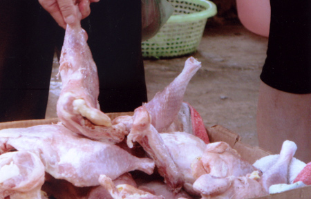 Sản phẩm gà đông lạnh không rõ nguồn gốc được bày bán ở nhiều chợ trên địa bàn thành phố Yên Bái.