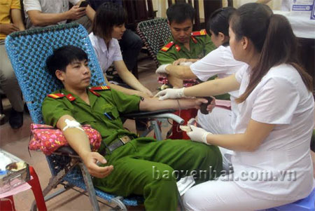 Các tình nguyện viên đang tham gia hiến máu.