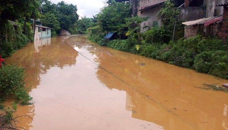 Đường sắt Yên Bái - Lao Cai đoạn qua xã Tuy Lộc, thành phố Yên Bái bị ngập suốt ngày 20/8. Ảnh Hoài Văn