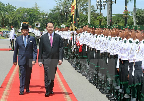 Chủ tịch nước Trần Đại Quang và Quốc vương Haji Hassanal Bolkiah Mu’izzaddin Waddaulah duyệt đội danh dự Quân đội Hoàng gia Brunei.
