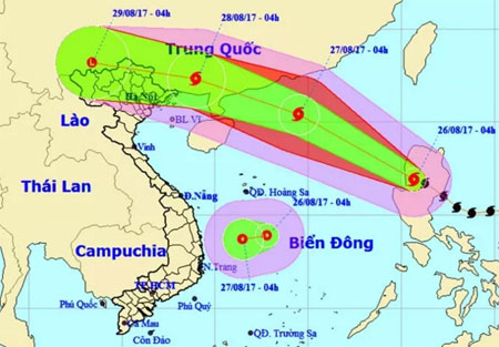 Vị trí và hướng di chuyển của bão số 7 và áp thấp nhiệt đới mới xuất hiện trên Biển Đông.