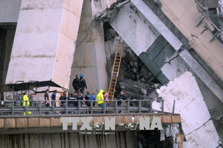 Lực lượng cứu hộ tìm kiếm các nạn nhân vụ sập cầu cạn kinh hoàng ở Genoa ngày 14-8.