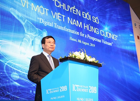 Bộ trưởng Bộ TT&TT Nguyễn Mạnh Hùng phát biểu tại Diễn đàn ICT Summit 2019 vừa khai mạc sáng nay, 8/8.