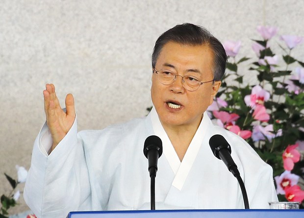 Tổng thống Hàn Quốc Moon Jae-in trong bài phát biểu nhân Ngày giải phóng 15/8 thoát khỏi ách cai trị của phátxít Nhật trên Bán đảo Triều Tiên, tại Cheonan, ngày 15/8/2019.