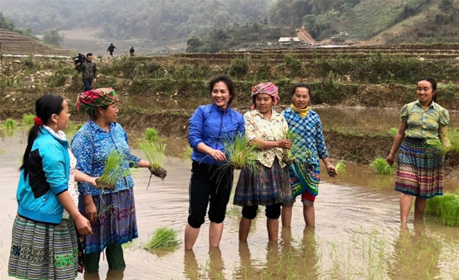 Chị Lưu Thị Quế - Chủ tịch Hội Phụ nữ huyện Trạm Tấu (thứ 3, trái sang) vận động chị em thôn Háng Tây, xã Pá Lau hỗ trợ nhau cấy lúa vụ mùa.