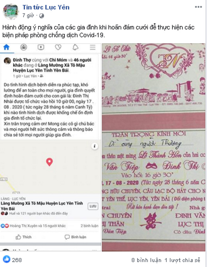 Thông báo hoãn cưới được đăng tải trên fanpage Tin tức Lục Yên được đông đảo cộng đồng mạng hưởng ứng và ủng hộ.