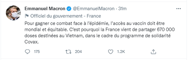 Bài đăng của Tổng thống Pháp Emmanuel Macron trên Twitter. Ảnh: Chụp màn hình.
