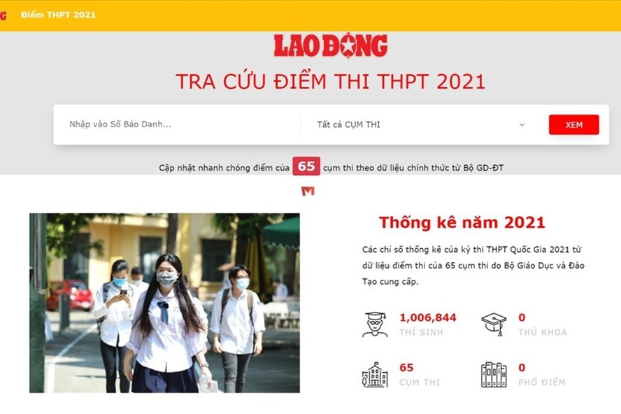 Trang tra cứu điểm thi tốt nghiệp THPT năm 2021 trên Báo Lao Động.