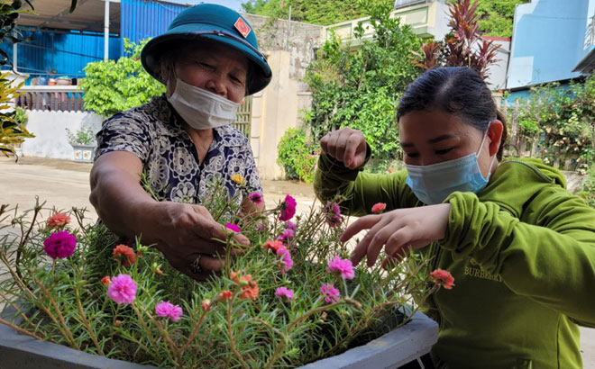 Hội viên phụ nữ Chi hội tổ dân phố Cường Bắc, phường Nam Cường, thành phố Yên Bái tự làm và trồng trên 100 chậu hoa. Ảnh Minh Huyền