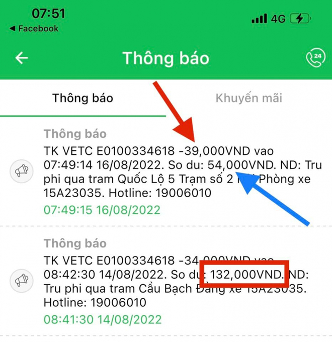 Thông báo trừ tiền cho khách hàng của VETC