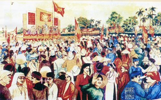 Lễ ra mắt Ủy ban Cách mạng lâm thời tỉnh Yên Bái ngày 22/8/1945 (tranh vẽ của Đào Xuân Thịnh)