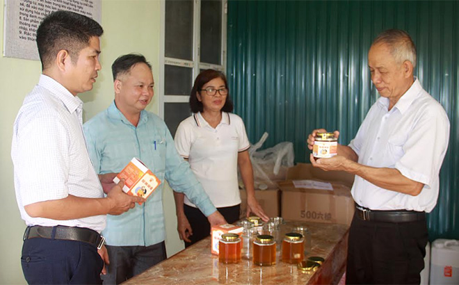 Lãnh đạo xã Vân Hội tham quan mô hình nuôi ong lấy mật tại gia đình ông Trần Văn Ly (ngoài bên phải) ở thôn Minh Phú.