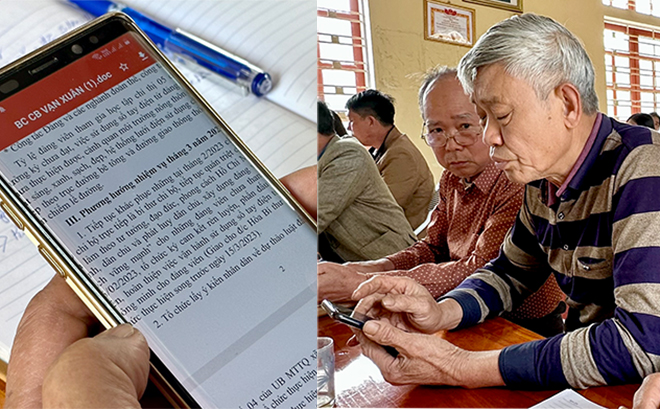 Đảng viên Chi bộ thôn Vạn Xuân, xã Phú Thịnh, huyện Yên Bình sử dụng ứng dụng Sổ tay đảng viên điện tử trong sinh hoạt chi bộ.